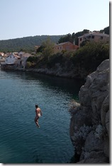 Jumping into the Adriatic Sea at Vali Lošinj on Lošinj Island, Croatia